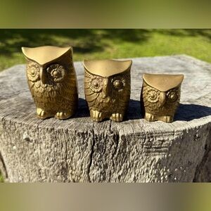 Set of Three Vintage Brass Owls